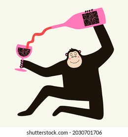 Vector Illustration With Funny Gorilla With Bottle And Glass Of Red Wine. Trendy Print Design, Party Flyer Template. 