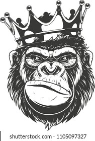 Vector illustration of a funny gorilla head in crown, isolated image, on a white background