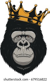 Vector illustration, Funny gorilla head on with crown,King of monkeys, on white background
