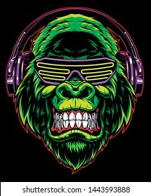 Vector illustration. funny gorilla listening to music on headphones, stylish DJ.