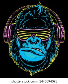 Vector illustration. funny gorilla listening to music on headphones, stylish DJ.