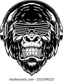 Vector illustration. funny gorilla listening to music on headphones, stylish DJ