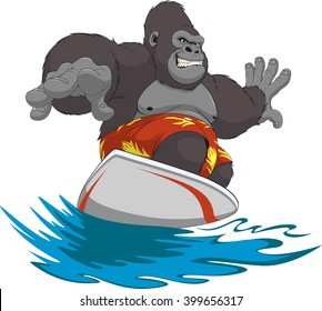 Vector illustration of funny gorilla riding the waves on a surfboard
