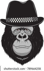 Vector illustration, funny gorilla wearing a stylish hat, on a white background
