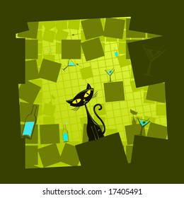 Ilustración vectorial de un divertido gato de dibujos animados verdes