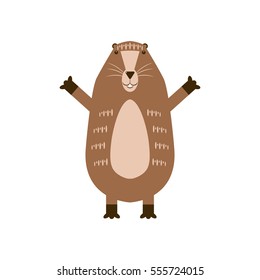 Vector illustration of a funny groundhog isolated on white background.  Cute marmot.  Design for Groundhog day.  Flat style. 