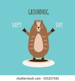 Vector illustration of funny groundhog.  Vintage card with cute marmot and text.  Design for Groundhog day.  Flat style. 