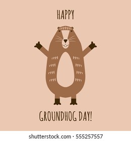 Vector illustration of funny groundhog.  Vintage card with cute marmot and text.  Design for Groundhog day.  Flat style. 