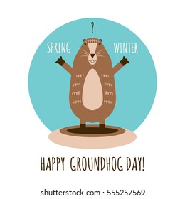 Vector illustration of funny groundhog.  Vintage card with cute marmot and text.  Design for Groundhog day.  Flat style. 