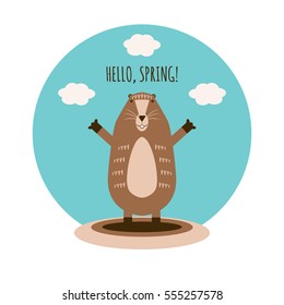 Vector illustration of funny groundhog.  Vintage card with cute marmot and text.  Design for Groundhog day.  Flat style. 