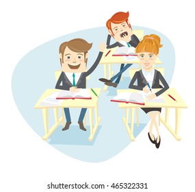 Vector illustration Funny group of University students or school pupils at theyr desks listening and answer the lesson. Light flat style design. Two boys (men) and one girl (woman)