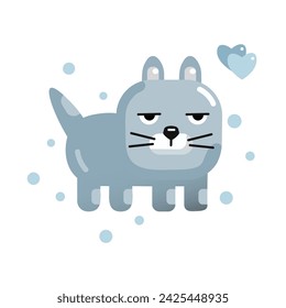 Vector illustration of a funny grumpy gray cat with hearts. Cute fat cartoon cat with angry facial expressions. Flat icon design.