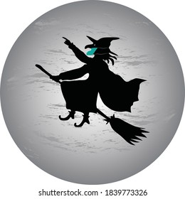 Vector illustration of funny Halloween witch with medical face mask flying on broomstick