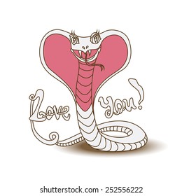 Vector illustration of funny hand drawn cartoon cobra with pink Valentine heart on white background