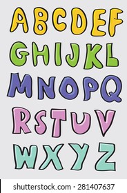 Vector illustration of funny hand drawn capital letters in multiple colors isolated on grey background.
