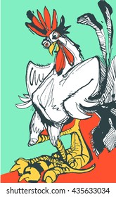 Vector illustration Funny hand drawn cock standing with arms akimbo. Sketch drawing cartoon rooster