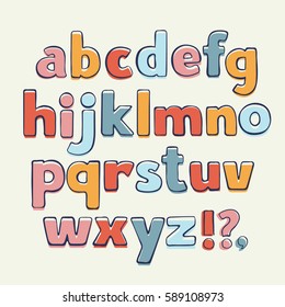 Alfabeto colorido dibujado a mano graciosa ilustración del vector. Conjunto de letras de contorno del vector. El estilo es gracioso con decoración.