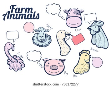 Vector illustration of a funny hand drawn farm animals portrait icons with labels and bubbles to speak: cow, sheep, hen, rooster, duck, pig and turkey. Hand drawn style with color underlay.