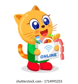 Vector illustration. Funny, happy cat hold paper shopping bag full of groceries products. Food delivery from the supermarket to customer because coronavirus. Online meal ordering during quarantine