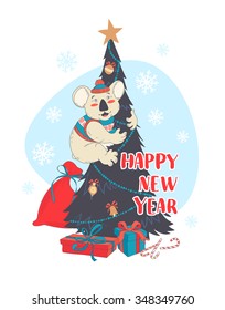 Vector illustration  Funny Happy New Year card with koala wearing cute sweater and hanging on decorated fir-tree. Hand drawn doodle style