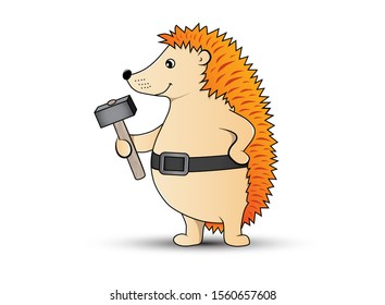 Vector illustration of funny hedgehog holding a hammer.