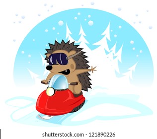 vector illustration. funny hedgehog on snowmobile
