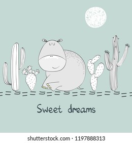Vector illustration with funny hippo and moon. Sweet dreams.