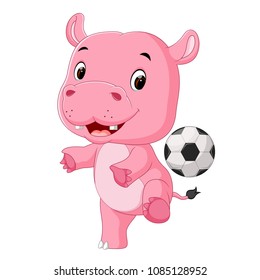 vector illustration of funny hippo playing soccer