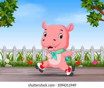 vector illustration of funny hippo playing roller skate in the road