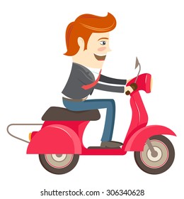 Vector illustration Funny hipster man  riding red scooter, side view