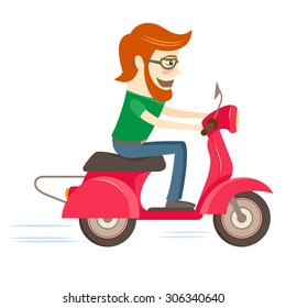 Vector illustration Funny hipster riding red scooter