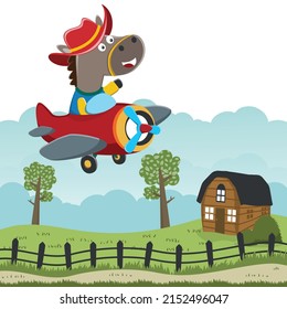 Vector illustration of funny horse flying on a airplane. Vector childish background for fabric textile, nursery wallpaper, card, poster and other decoration. Vector illustration.