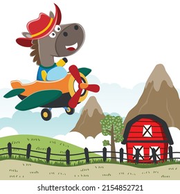 Vector illustration of funny horse flying on a airplane. Vector childish background for fabric textile, nursery wallpaper, card, poster and other decoration. Vector illustration.