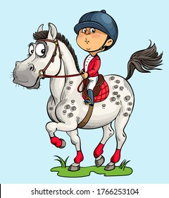 Vector illustration. Funny horseman. A happy child is engaged in horse riding. The dream of a horse.