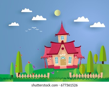 vector illustration of funny house up hill. landscape park