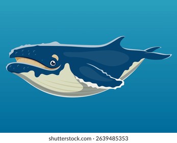 Vector illustration of the funny Humpback whale on blue background. Side view.