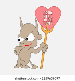 Vector Illustration Of A Funny Imp Standing With A Pitchfork And A Heart That Says FROM HELL WITH LOVE