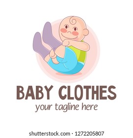 Vector illustration of funny independent child putting on socks. Baby Clothes Logo. Kids store mascot. Design for print, emblem, t-shirt, party decoration, sticker, logotype.
