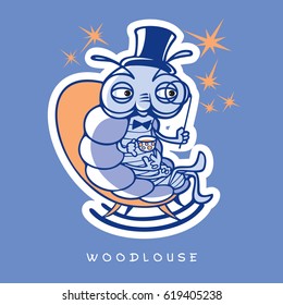 Vector illustration of funny insects in cartoon style. One noble wood louse sit in rocking chair with a hat, a monocle, a cup of tea and a few stars. 
Image in blue and orange colors.