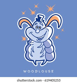 Vector illustration of funny insects in cartoon style. One wood louse stands with a hat, a mustache and several stars. 
Image in blue and orange colors.
