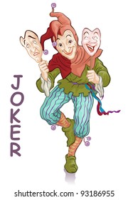 Vector illustration, funny joker with masks, card concept, white background.