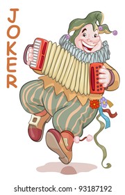Vector illustration, funny joker playing accordion, card concept, white background.