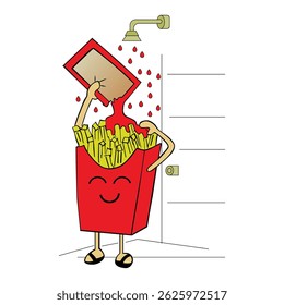 Vector Illustration of Funny Ketchup French Fries Washing taking Shower 