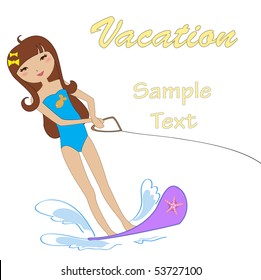 Vector Illustration Of Funny Kiddie Style Design Summer Background With Attractive Girl Water Skiing