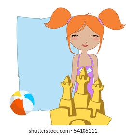 Vector Illustration of funny Kiddie style design summer background  with the little girl and the sandcastle.