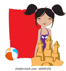 Vector Illustration of funny Kiddie style design summer background with the little girl and the sandcastle.
