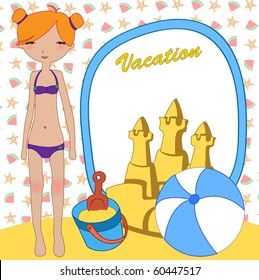 Vector Illustration of funny Kiddie style design summer background with the little girl