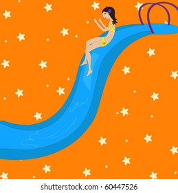 Vector Illustration of funny Kiddie style design summer background with Attractive girl on the water slide