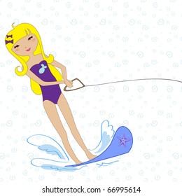 Vector Illustration Of Funny Kiddie Style Design Summer Background With Attractive Girl Water Skiing