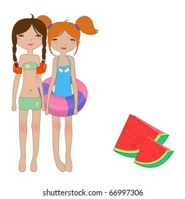 Vector Illustration of funny Kiddie style design summer background with the two little girls